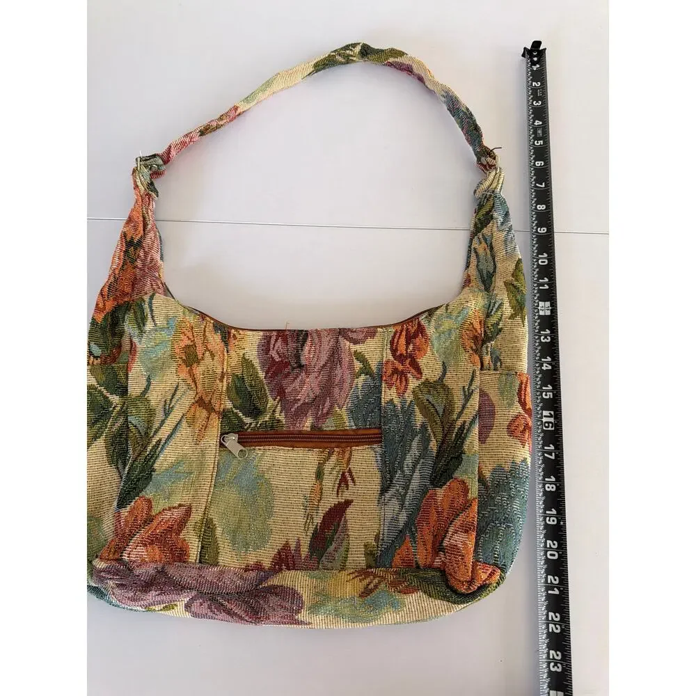 Vintage Floral Tapestry Hobo Shoulder Bag Crescent Purse Cottagecore Grandmacore